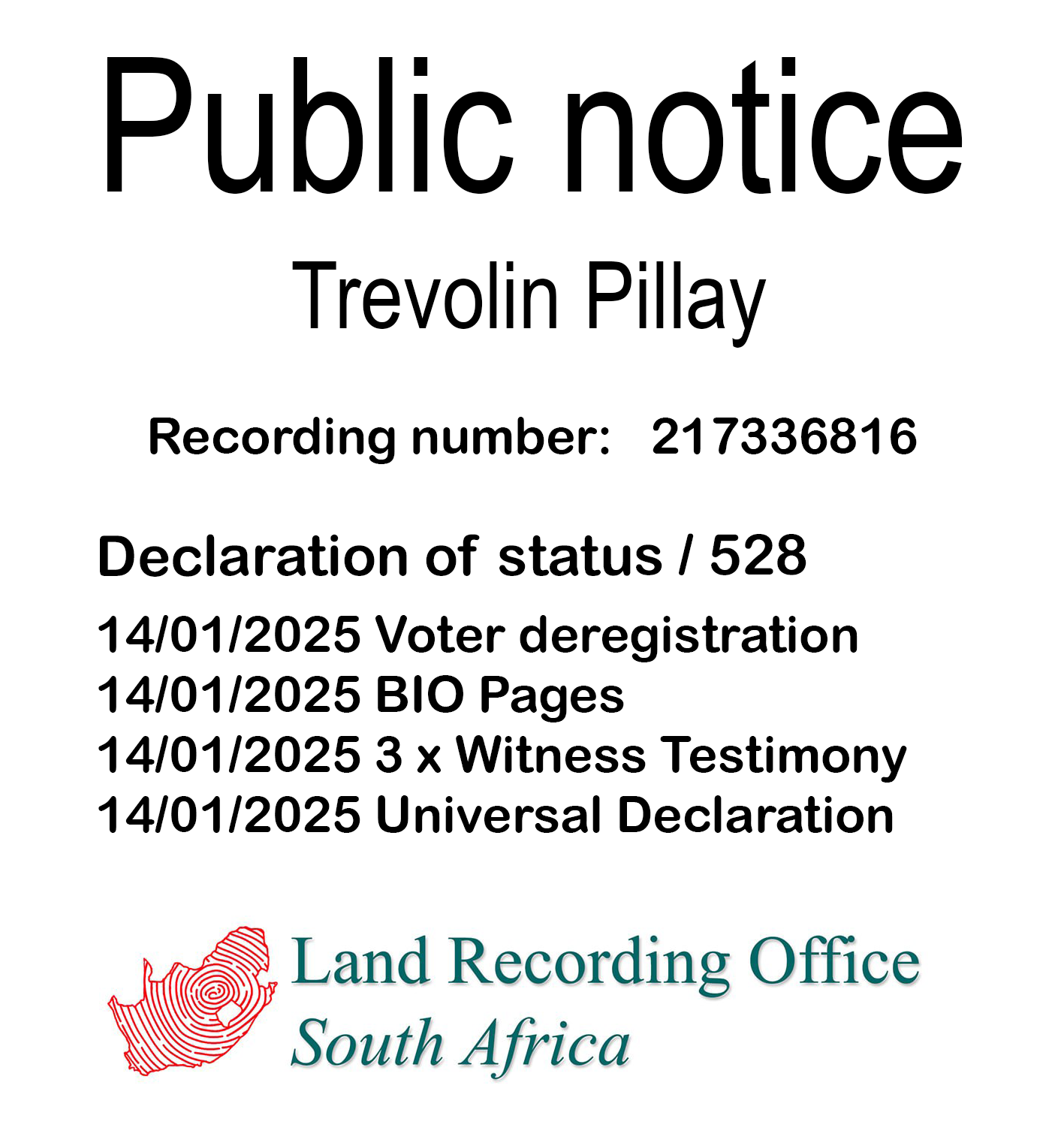 Public notice Trevolin Pillay Recording number 217336816